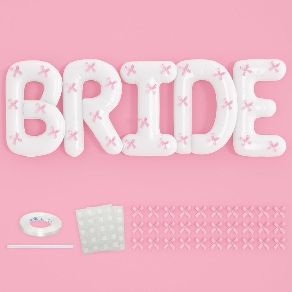 40 inch BRIDE Balloons Bachelorette, White Bride Balloons with Pink Bow for B…