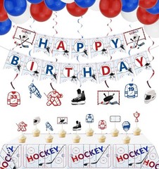 Complete Hockey Birthday Decorations: Banner, Balloons, Swirls & Tablecloth