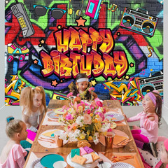 80S and 90S Rock N Roll Hip Hop Graffiti Photo Booth Backdrop Banner – Retro