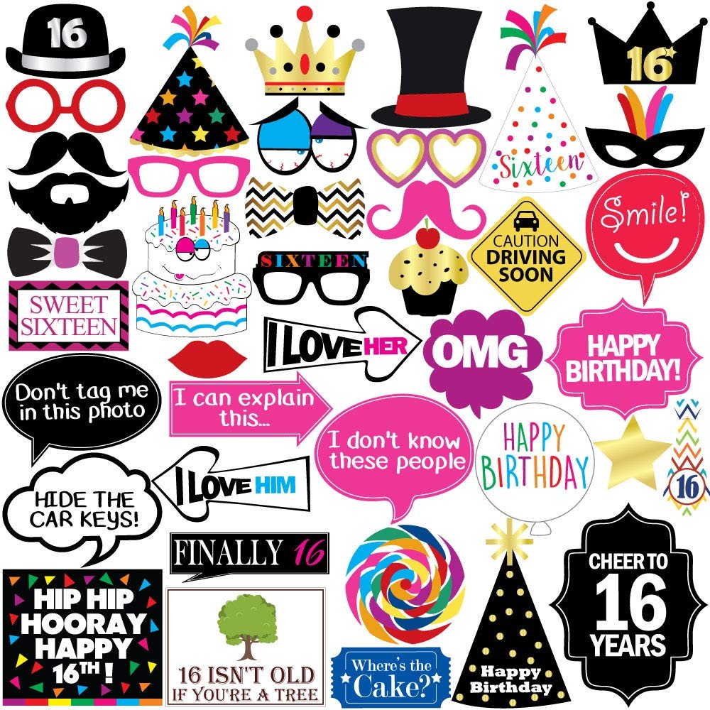 16th Birthday Photo Booth Props – 40 Various,