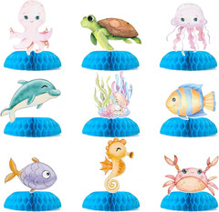9 Pcs Ocean Animal Table Honeycomb Centerpieces, Ocean Theme Happy Birthday Part