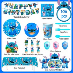 106 Pcs Stitch Birthday Decorations Birthday Tableware Set Plate Napkins Balloon