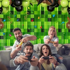 Green Pixel Foil Curtains Video Game Parties Photo Booth Decorations 2 Pack New