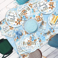 Blue Bear Baby Shower Decorations,219Pcs Baby Shower Tableware Set Banner, Plate