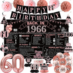 60Th Birthday Party Decorations for Women, Rose Gold Back in 1966 Banner, Rose G