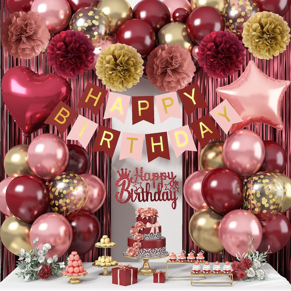 Burgundy Birthday Decorations Set – 1 Fringe Curtain, 1 Banner, 2 Heart