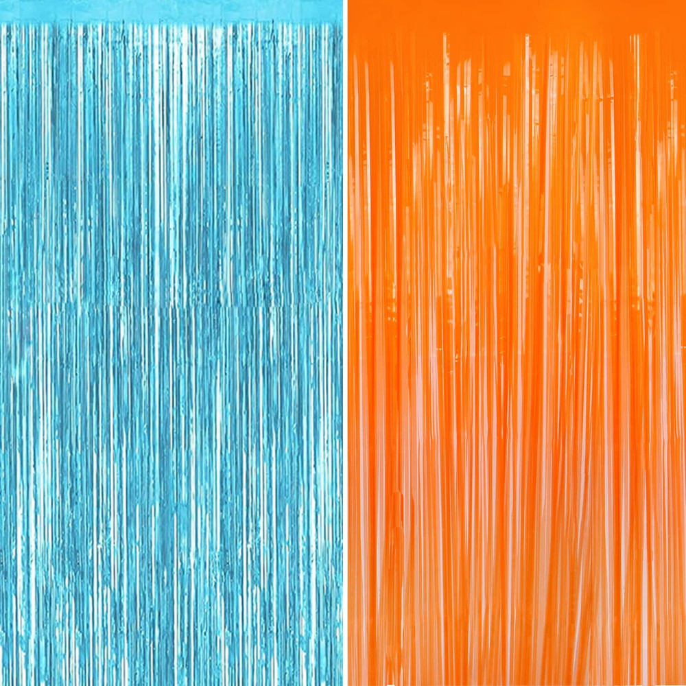 2 Pack Blue Orange Foil Metallic Fringe Curtains for Party Decorations Blue Oran