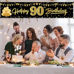 90Th Birthday Banner, Black Gold Yard Sign for Party Decorations, 90 Year Old Th