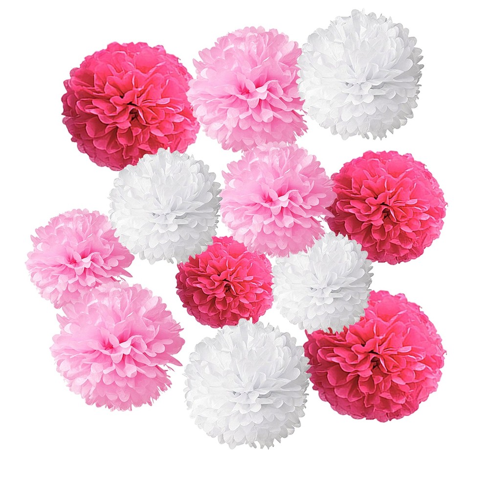 12 PCS Hot Pink White Tissue Paper Pom Poms Flowers Wedding Party Decoration