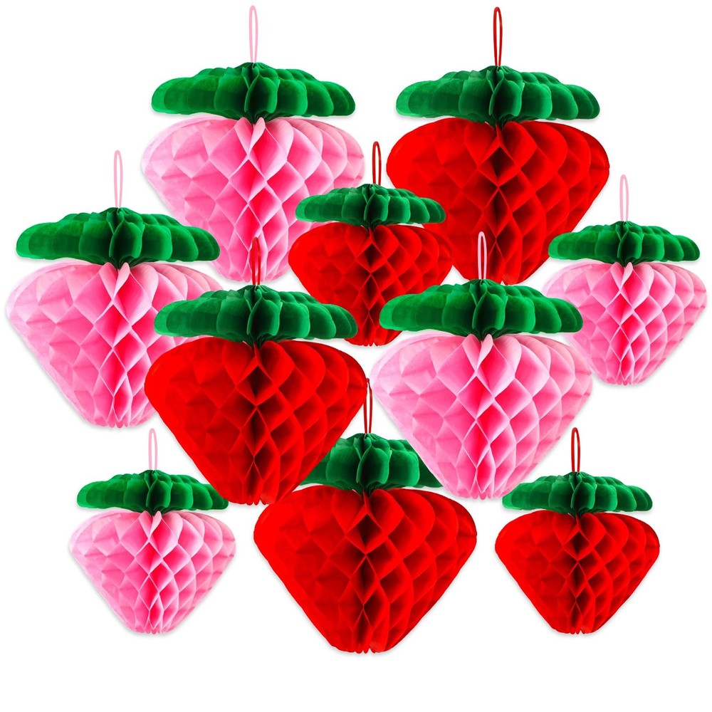 BOARDFEB 12 Pcs Paper Strawberry Honeycomb Ball for Fruit Theme Party Birthda…