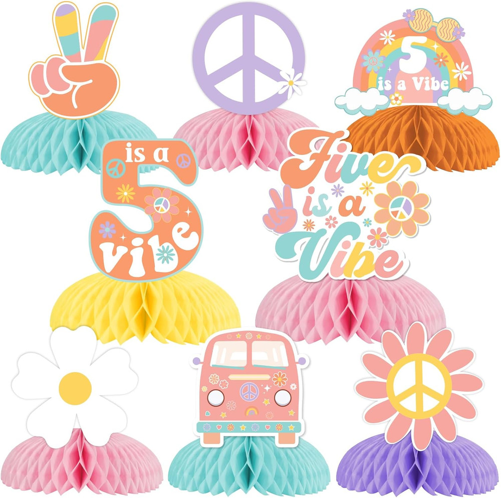 8 Pieces Five Is a Vibe Honeycomb Centerpieces, Boho Girl’S 5Th Birthday Party D