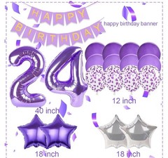 Happy Birthday Party Decoration Set Banner 24 Balloons Purple Silver Foil Latex