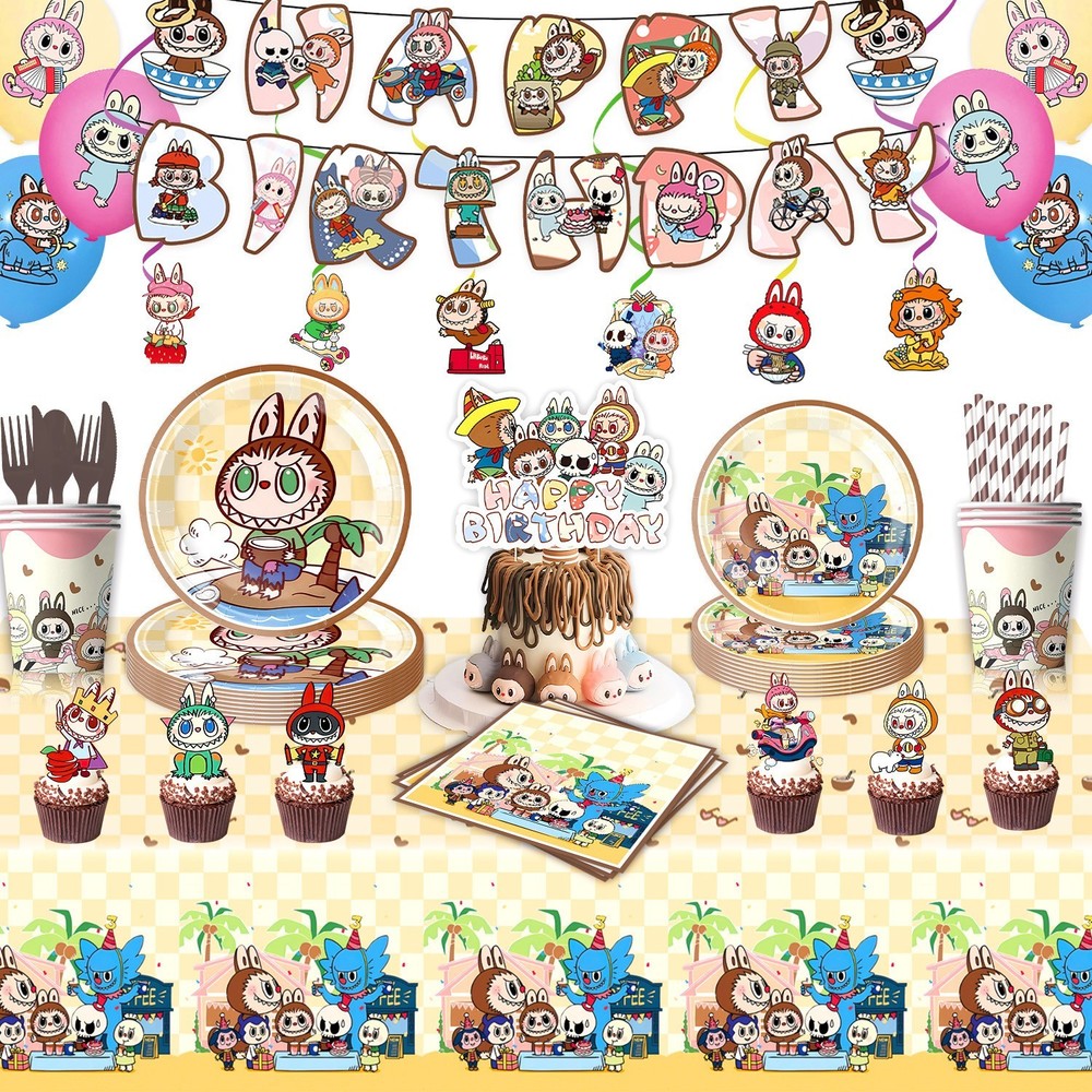 98Pcs Cute Cartoon Big Ears Bubu Birthday Party Supplies Set Plates Banner Ballo