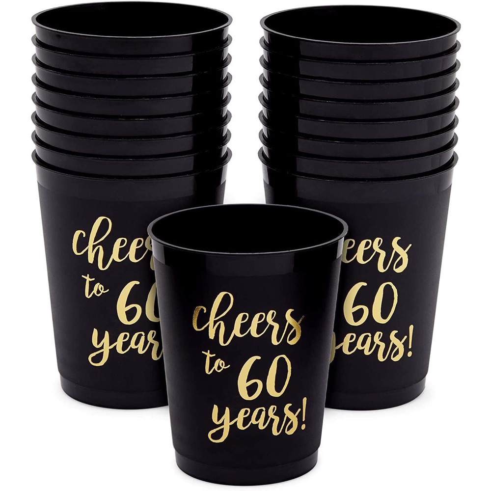 Sparkle and Bash Plastic Party Cups for 60th 16 Count (Pack of 1), Black