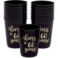 Sparkle and Bash Plastic Party Cups for 60th 16 Count (Pack of 1), Black