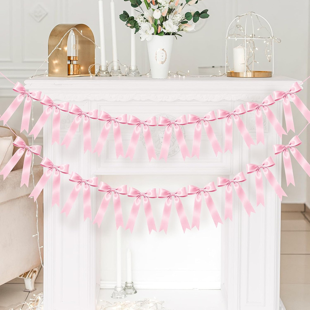 2 Pcs Pink Bow Garland Banner, Pre-Strung Pink Satin Ribbon Bow Garland Coquette