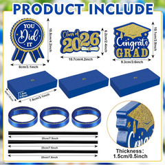 2026 Graduation Table Decorations Wooden Sign, 3Pcs Blue and Gold Graduation Tie