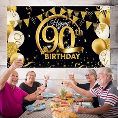 90th Birthday Party Decoration Extra Large Fabric Black Gold Sign Polyester