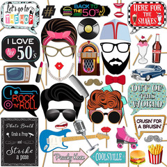 50s Photo Booth Props – 41-pc Photo Booth Kit with 8 x 10-Inch Sign, 60 Adhesive