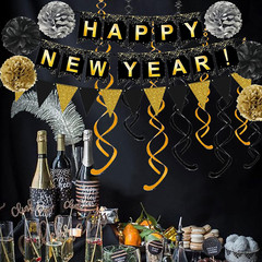 Happy New Year Set Black Banner with Gold Black Paper Flag Bunting Swirl Streame