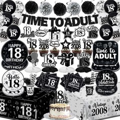 18th Birthday Party Decorations for Boys & Girls – Black & White Banner, Plates,