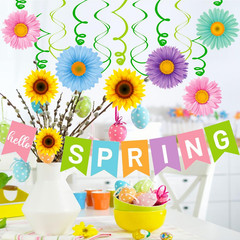Hello Spring Banner Colorful Flower Hanging Swirls Sun Flowers Daisy Pattern Han