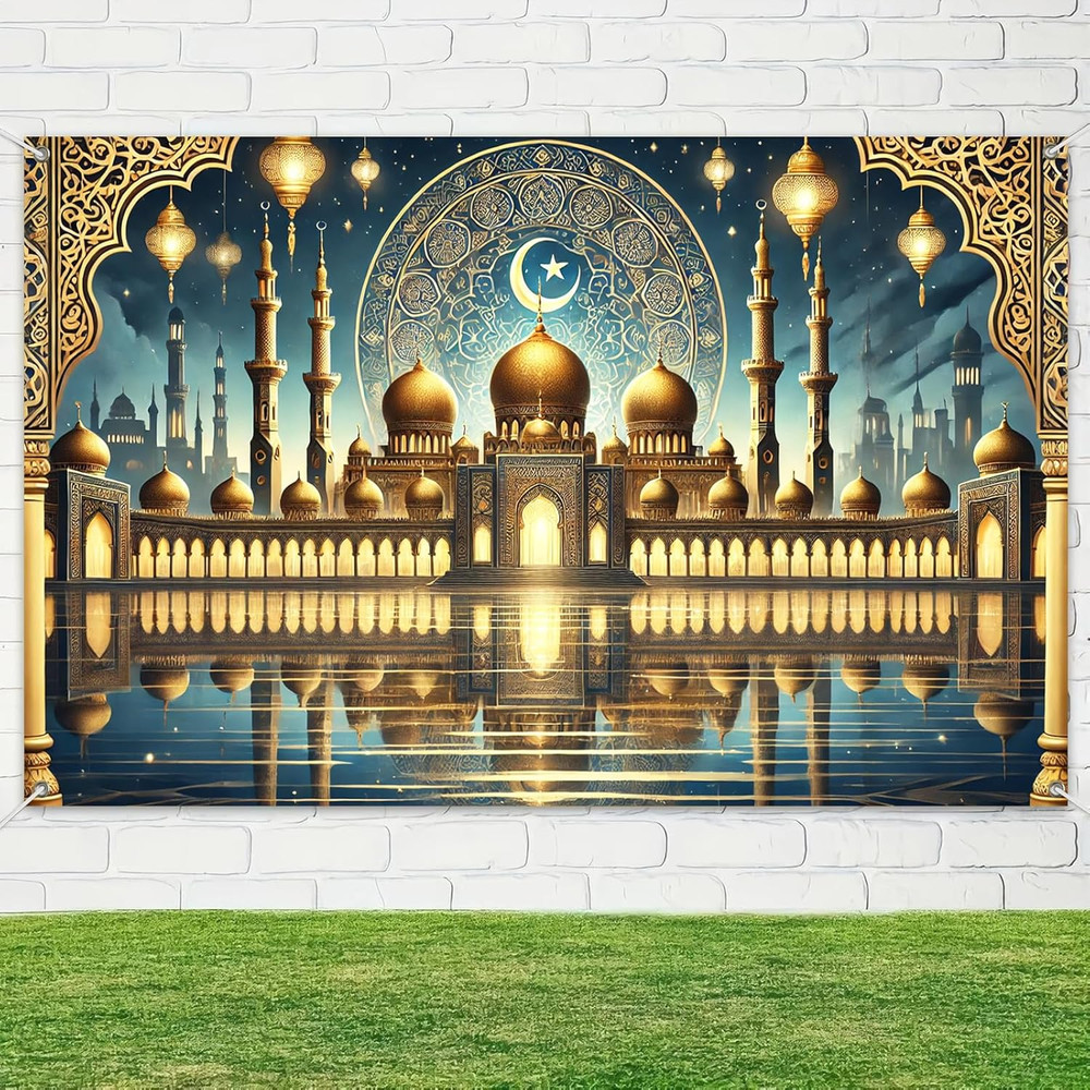 Ramadan Eid Banner Mosque Reflection Backdrop Gold Dome Islamic Wall Decor Ha…