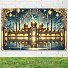 Ramadan Eid Banner Mosque Reflection Backdrop Gold Dome Islamic Wall Decor Ha…