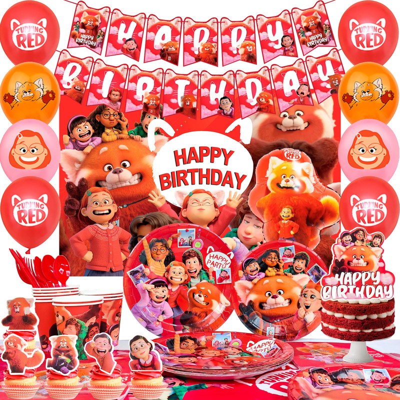 Turning Red Birthday Decoration,Cute Red Panda Party Supplies Tableware Cups Set