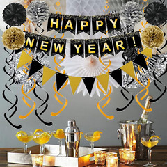 Happy New Year Set Black Banner with Gold Black Paper Flag Bunting Swirl Streame