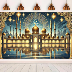 Ramadan Eid Banner Mosque Reflection Backdrop Gold Dome Islamic Wall Decor Ha…