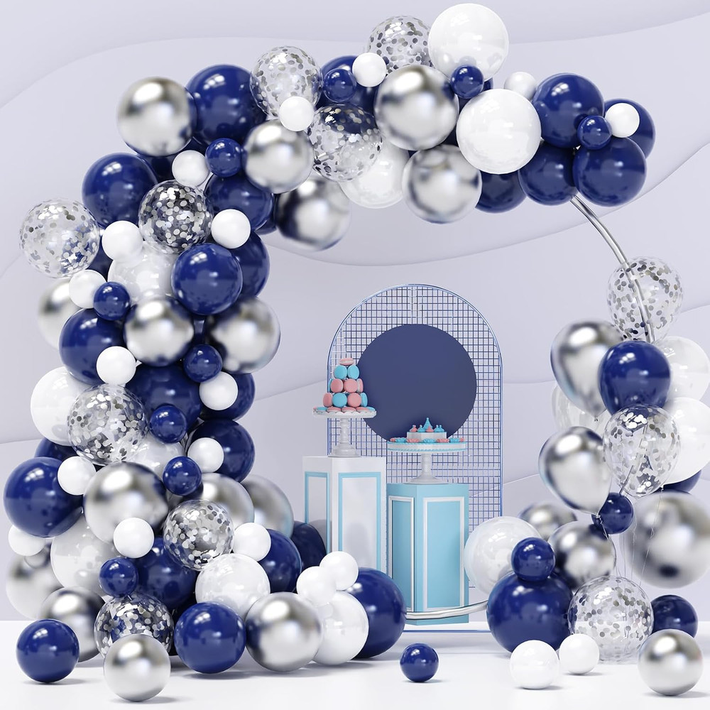 Blue Silver Balloons Garland Kit, 120 Pcs Navy Blue and Silver Confetti White Ba
