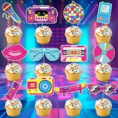 Vibrant 90s Party Decorations: 48 Pcs Cupcake Picks for Themed Celebrations