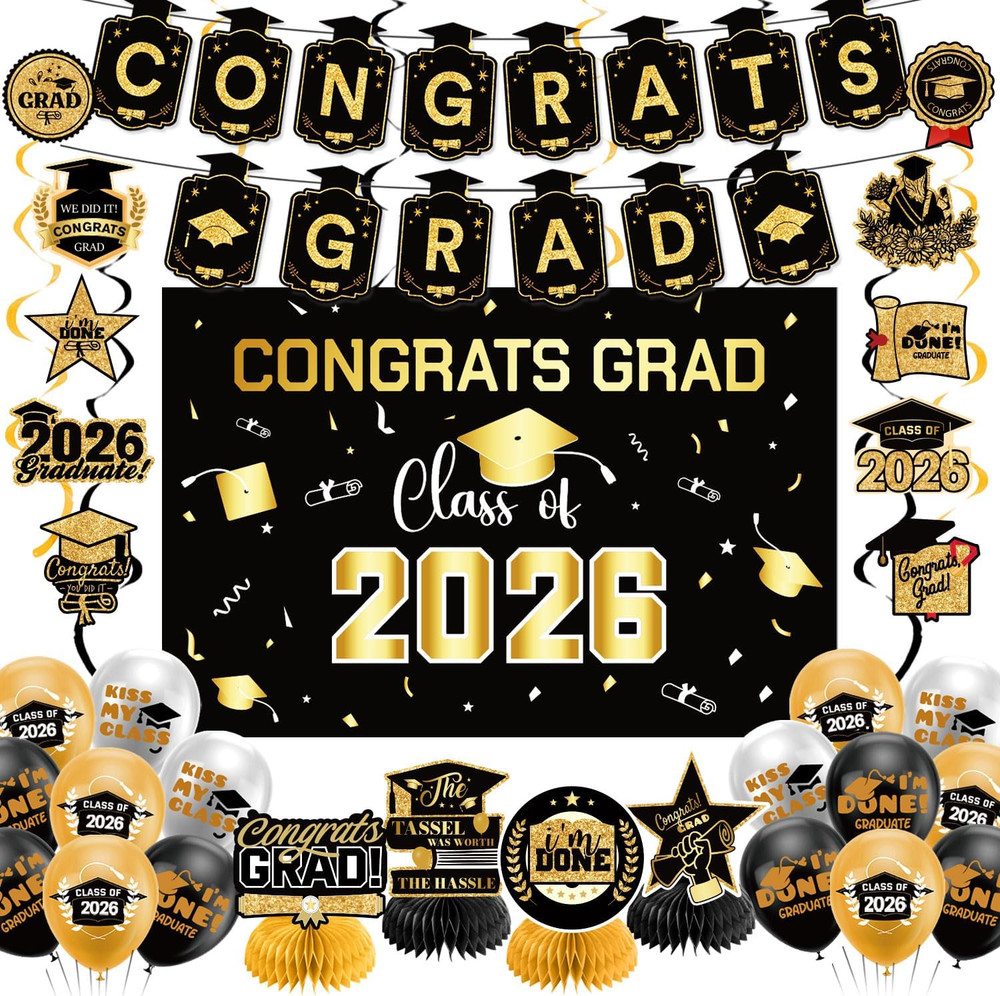 Graduation Decorations 2026 Gold Set – Grad Decor with Congrats Grad BannerClas