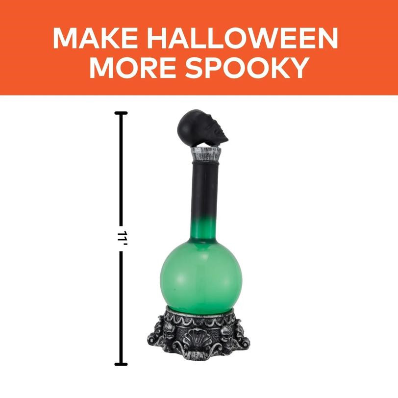Light-Up LED Green Potion Bottle w/ Skull Stopper Halloween Tabletop Decor 11″