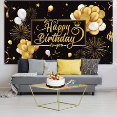 Happy Birthday Banner Sign Poster Large Fabric Glitter Balloon Fireworks Sign Ph