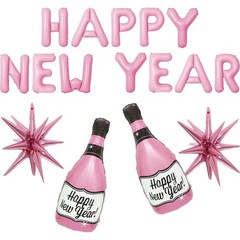 16 Pcs Pink New Year Champagne Bottle Balloons Happy New Year Banner Star NYE
