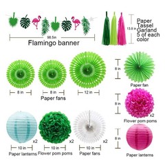 29Pcs Tropical Flamingo Palm Leaf Party Decorations Set – Paper Fans, Pom Pom…