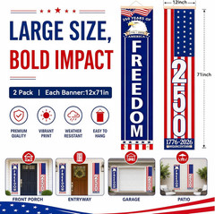 2 Pack 4th of July Decoration Outdoor Patriotic 250th Anniversary Hanging Banner