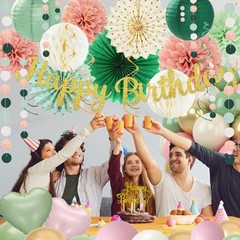 Sage Green Pink Birthday Decorations – 62pcs Happy Birthday Pink Green Gold