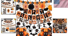 Happy Halloween Banner Kit with Eco-Friendly Paper Fans & Balloons for Parties