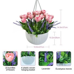 Artificial Tulips Flowers Hanging Basket for Indoor Outdoor, Realistic Pink F…