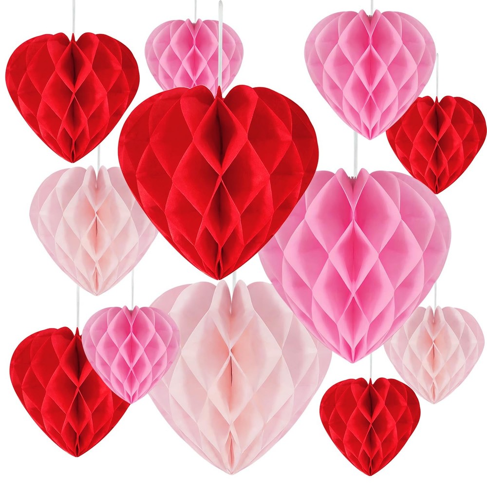 Heart Shaped Honeycomb Balls Valentines Paper Pom Poms Party Decor 12 PCS