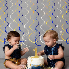 36 Pcs Blue Gold Hanging Swirl Decorations Royal Blue Glitter Gold Beige Felt Sw