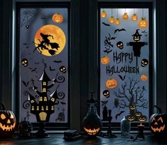 Halloween Window Stickers Large Static Clings Witch Bat Pumpkin Ghost FREE FAST