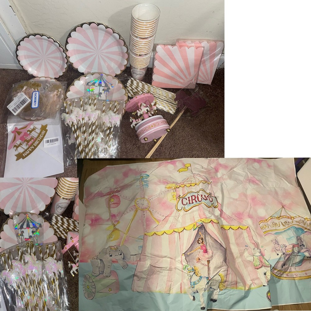 Unicorn Carousel Birthday Party Bundle Plates Cups Backdrop Cupcake Cake Inserts