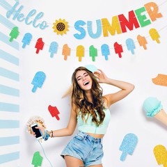 Hello Summer Banner Colorful Glitter Hello Summer Ice Cream Garland Indoor