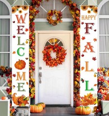 Happy Fall Decorations Pumpkin Maple Leaves Welcome Door Banner Porch Sign 12×72