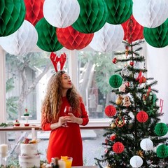 Red White Green Christmas Paper Honeycomb Balls 6 And 10 Inch Hanging Pompoms