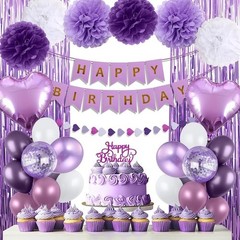 Purple Birthday Decorations Kit Balloons Banner Pompoms Garland Heart Decor New